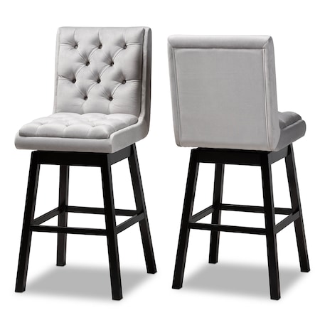 Baxton Studio Gregory Light Grey Velvet and Brown Wood 2-Piece Swivel Bar Stool Set 164-10289